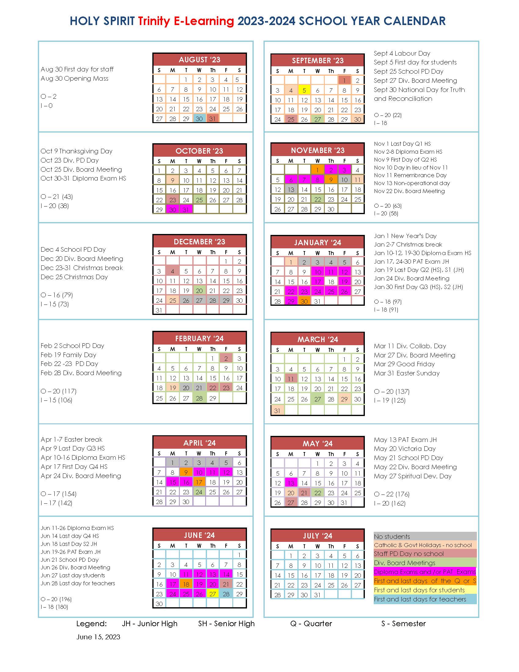 2023-2024 Calendar for Trinity School